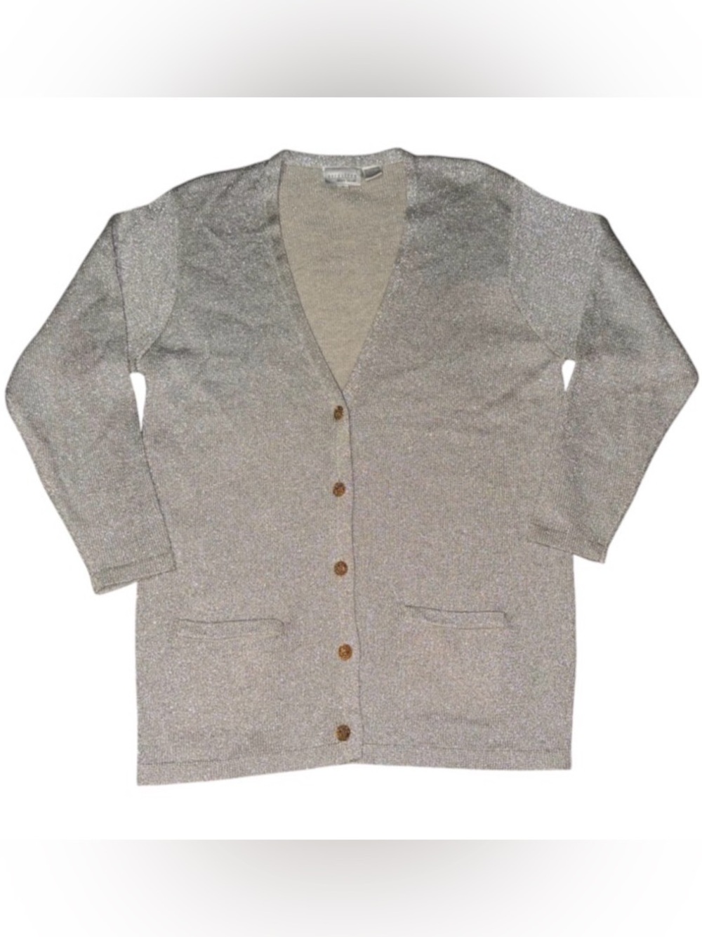 Women's Metallic Silver V-Neck Button Cardigan Sweater